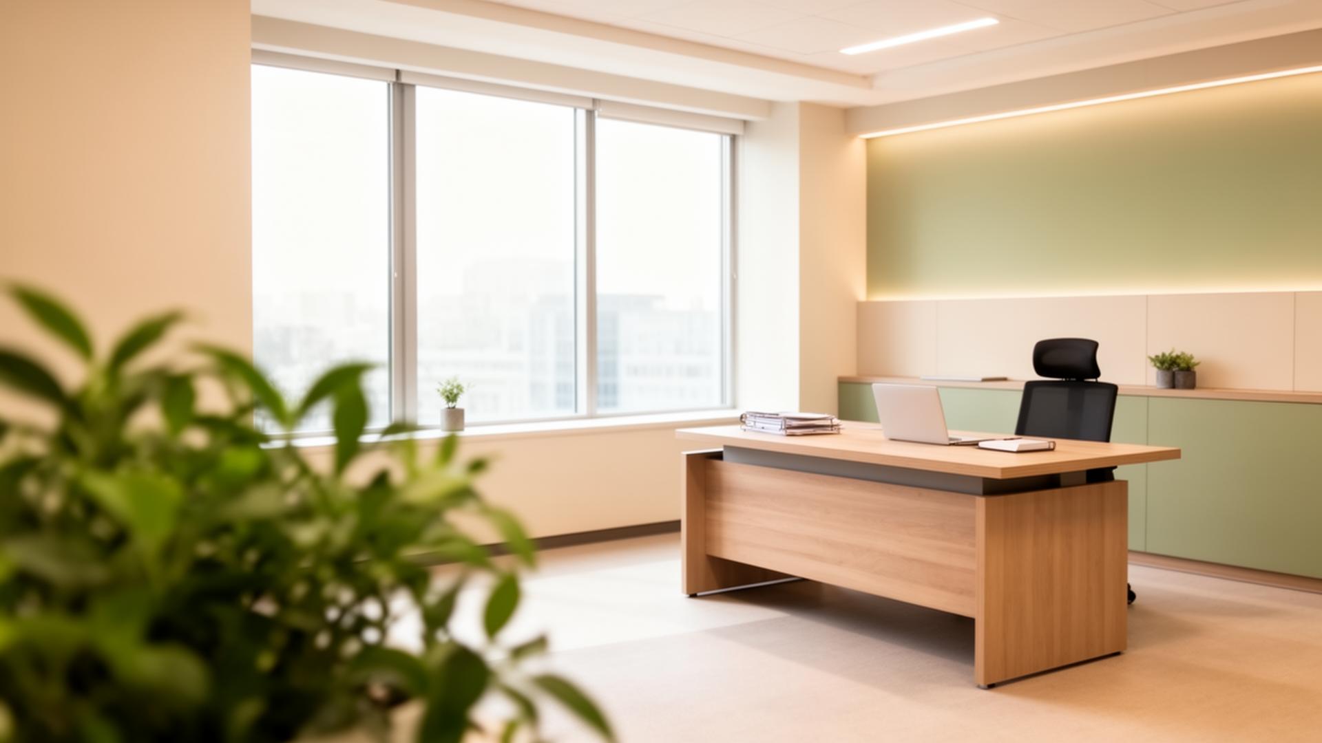 Bright modern bookkeeping office with natural light and a green plant